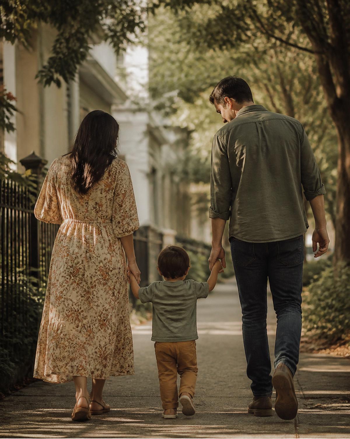 A family walking together along a tree-lined street